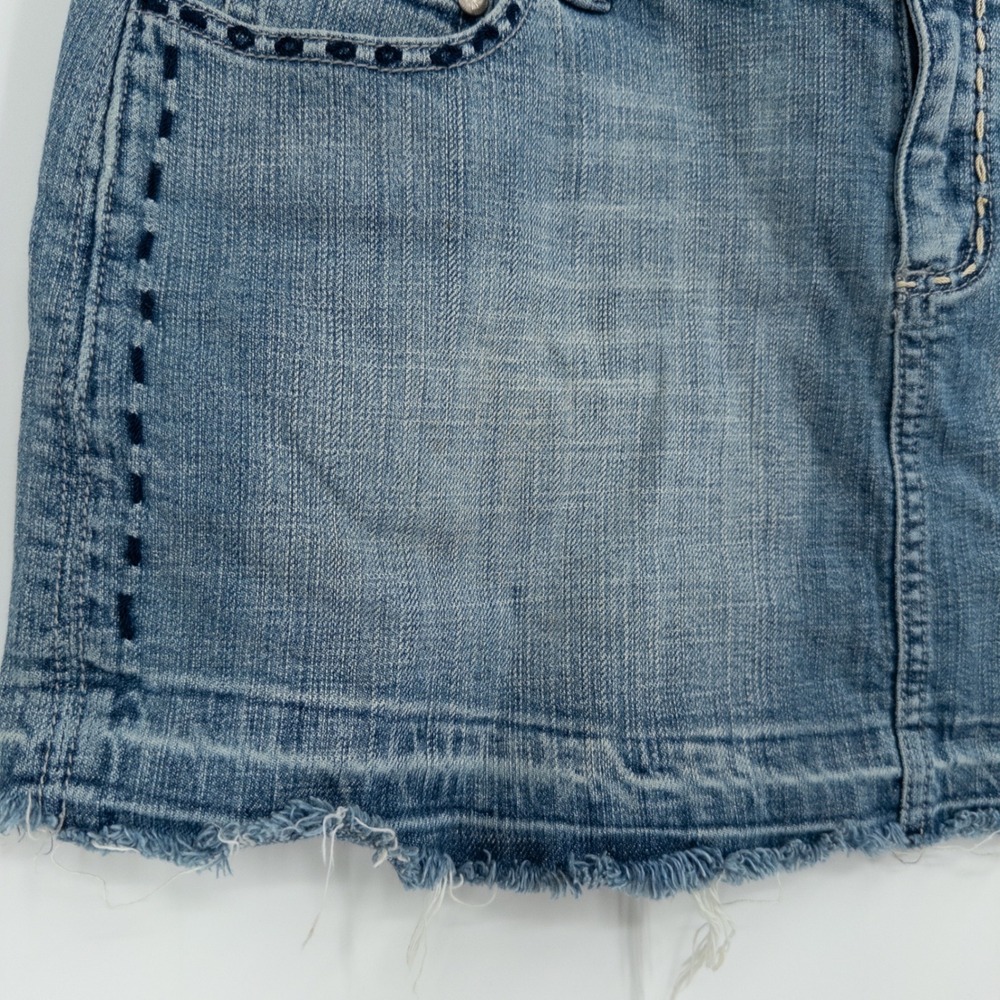 Y2K Younique Blue Denim Micro Mini Skirt Size 8 Raw Hem Low Rise Western Boho - Picture 2 of 7